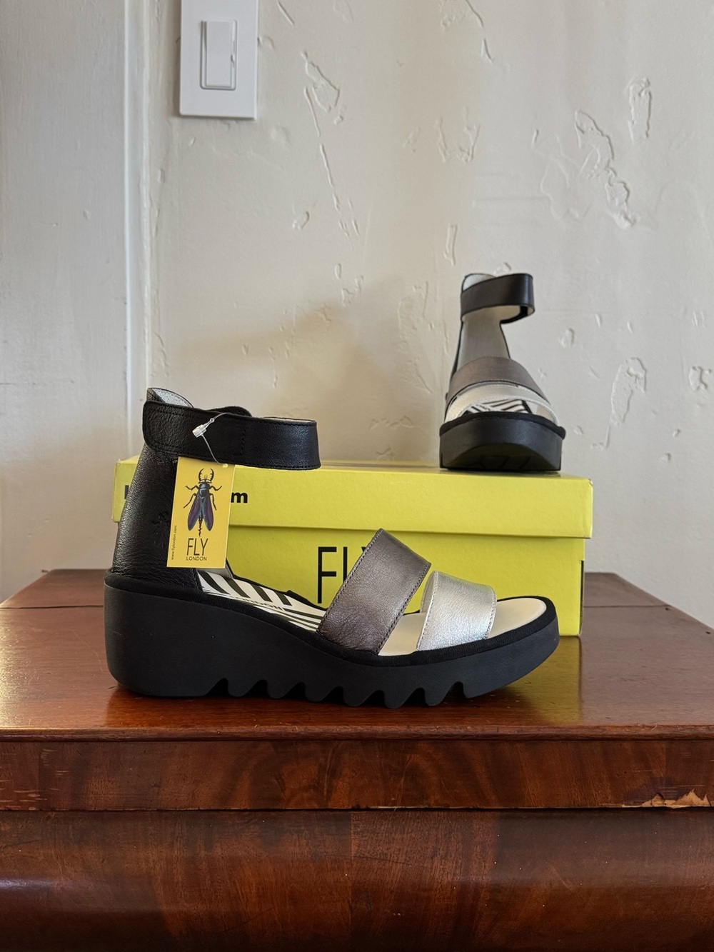 FLY London Black and Silver Platform Wedge Sandals